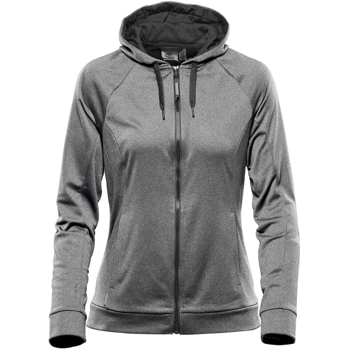 A grey women's hoody features a zip front, adjustable hood, and has a logo. Perfect for casual wear. Women's Halifax Hoody - Image 1
