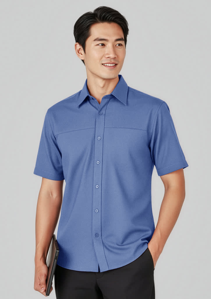 Plain short sleeve shirt in blue, featuring a button-up front and a smooth texture. Branded logo present. Mens Oasis Short Sleeve Shirt - Image 1