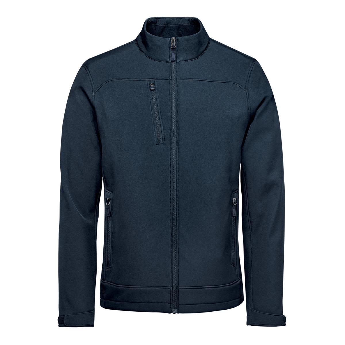 A navy blue softshell jacket featuring a high collar and zipped pockets, with a logo on the chest. Men's Aleutian Softshell Jacket - Image 1