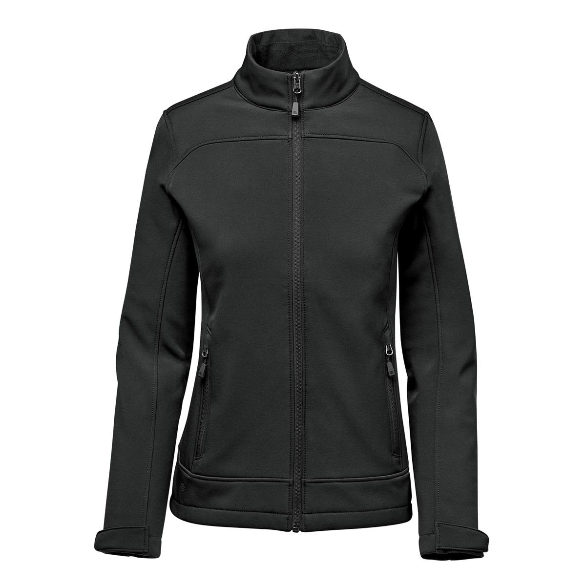 A women's black softshell jacket with a zip front, high collar, and side pockets, featuring a logo. Women's Aleutian Softshell Jacket - Image 1