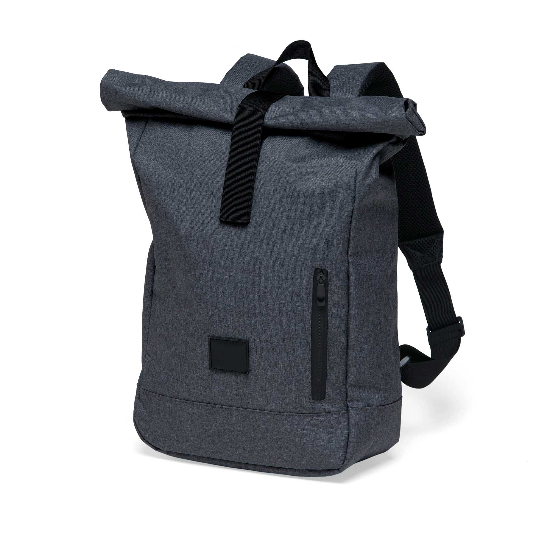 A grey roll-top backpack with adjustable straps and a front zip pocket, featuring a subtle logo. smpli Bounce Roll Top Backpack - Image 1