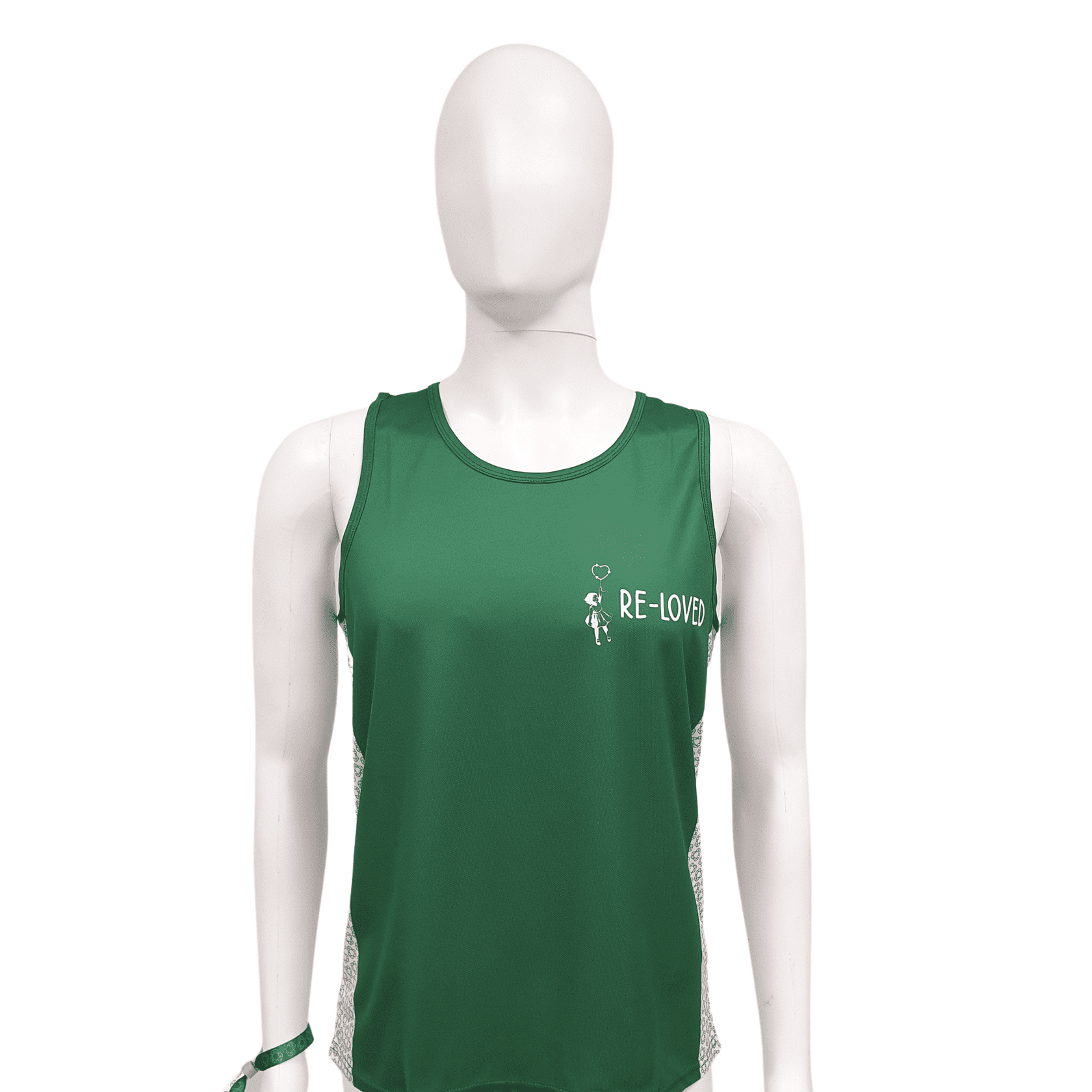 A green sublimated rPET singlet displayed on a mannequin, featuring a logo on the front and mesh sides. Sublimated rPET Singlet - Image 1