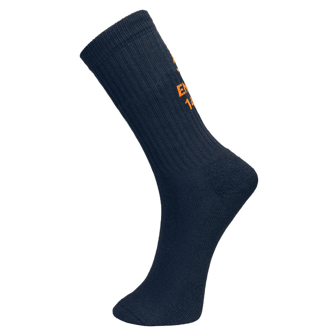 A blue work sock with a ribbed design and an orange logo. Suitable for workwear categories. Modaflame FR Work Sock - Image 1
