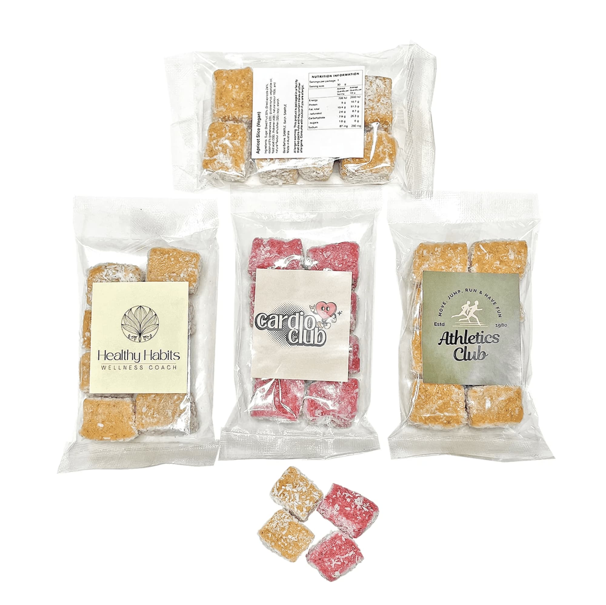 Four clear bags contain assorted dried fruit slices in orange and red, each bag labelled with a logo or branding. Dried Fruit Slice Bag - Image 1