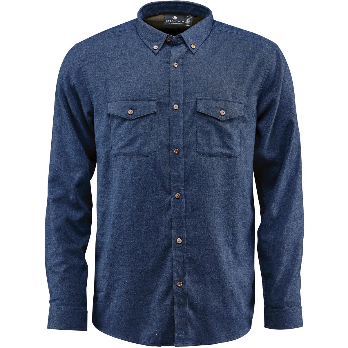 A navy long-sleeve button-up shirt with two chest pockets and a logo on the collar. Men's Cambridge L/S Shirt - Image 1