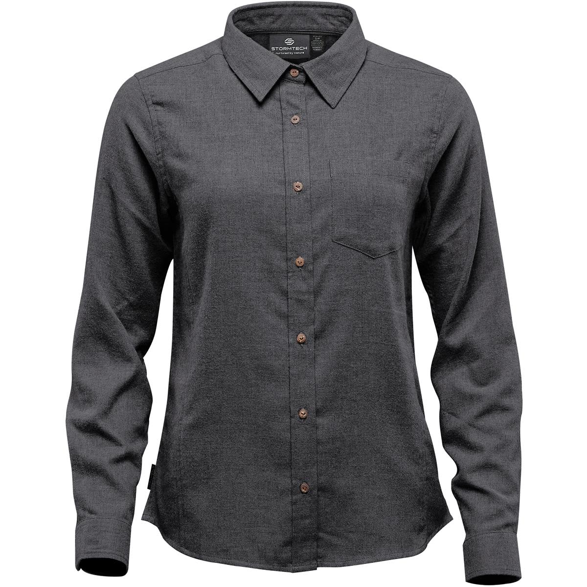 A women's button-up shirt in charcoal grey featuring long sleeves and a chest pocket, with a branded label. Women's Cambridge L/S Shirt - Image 1