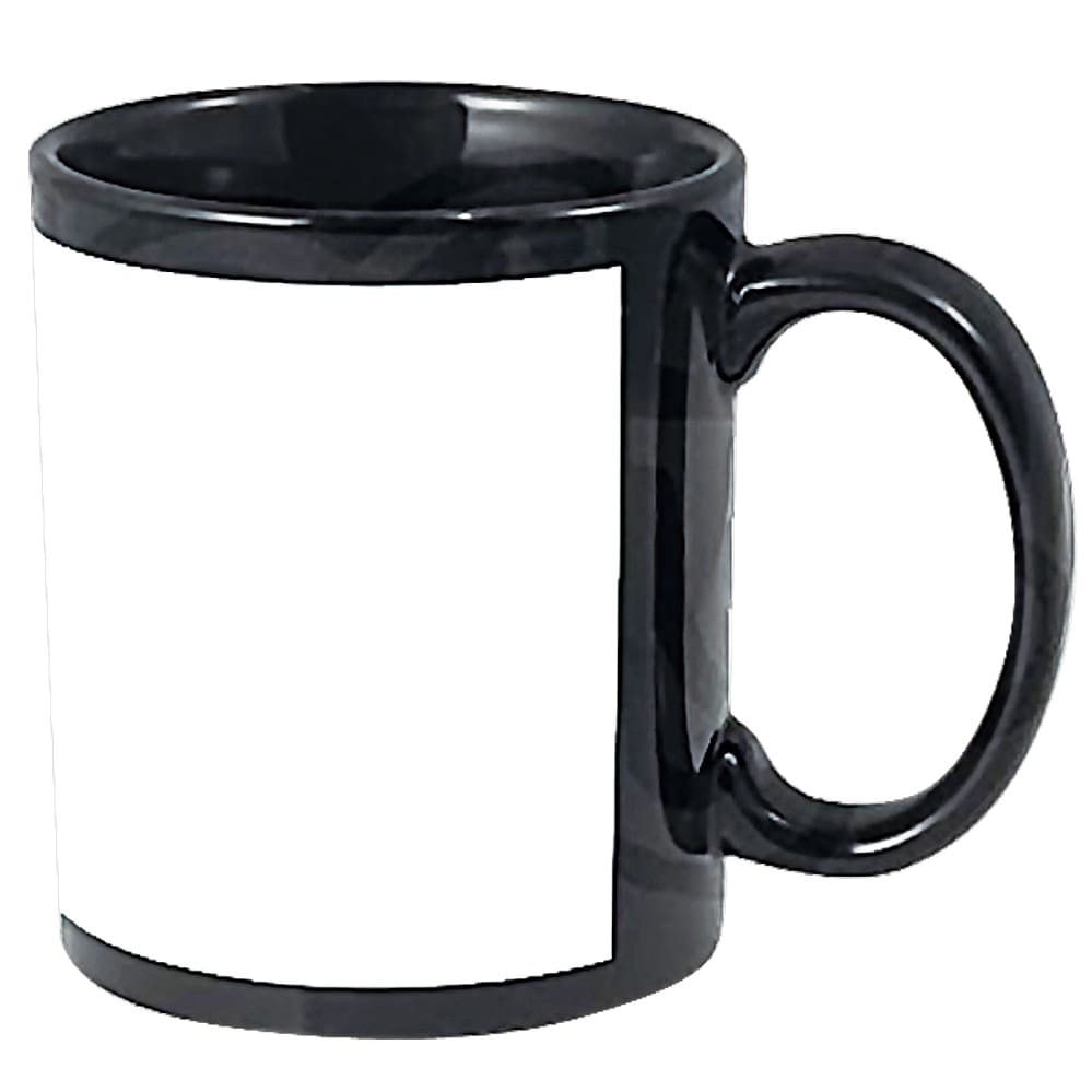 A black coffee mug with a glossy finish and a blank white space on one side, featuring a simple handle. Cambrian dyesub ceramic mug - Image 1