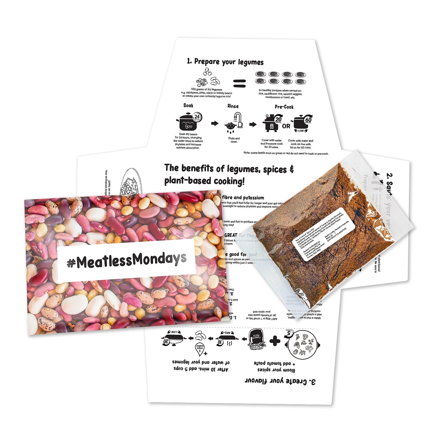 A set featuring a colourful pouch of spices and instructional cards on cooking with legumes and plant-based recipes. Spice Card - Image 1