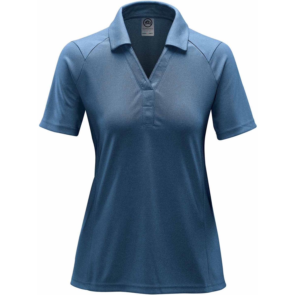 A women's polo shirt in a heathered blue colour, featuring a collar and short sleeves. It has a logo on the chest. Women's Mistral Heathered Polo - Image 1