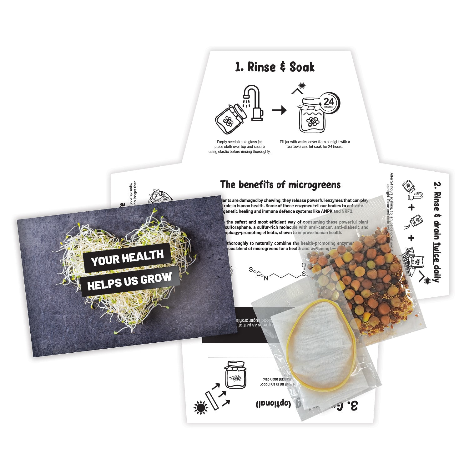A collection of seed packets, instructions, and a card featuring a heart made from sprouts, all on a grey background. Sprout Card - Image 1