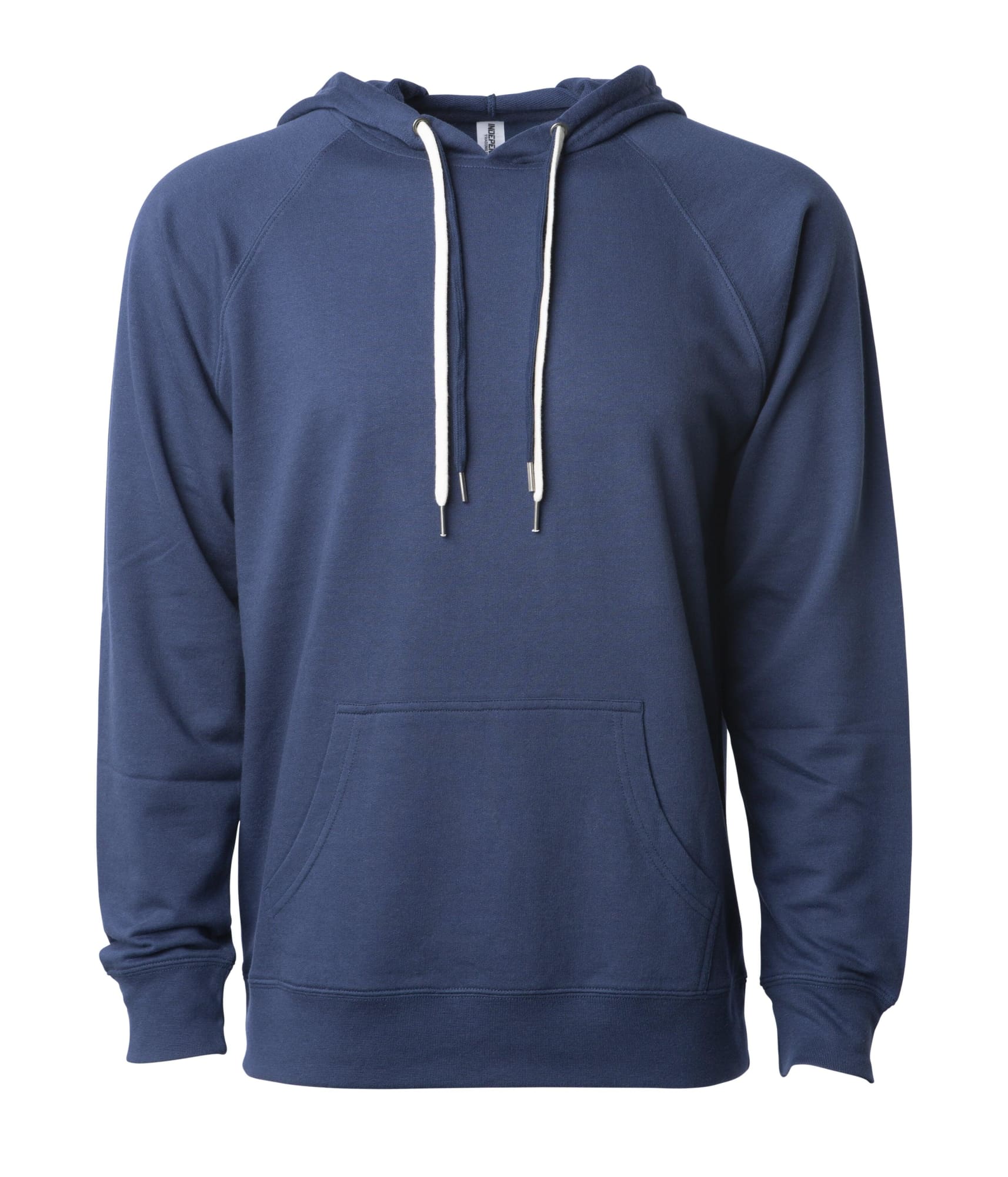 A unisex lightweight loopback terry hood in navy blue featuring a front pocket and drawstring hood. Unisex Lightweight Loopback Terry Hood - Image 1