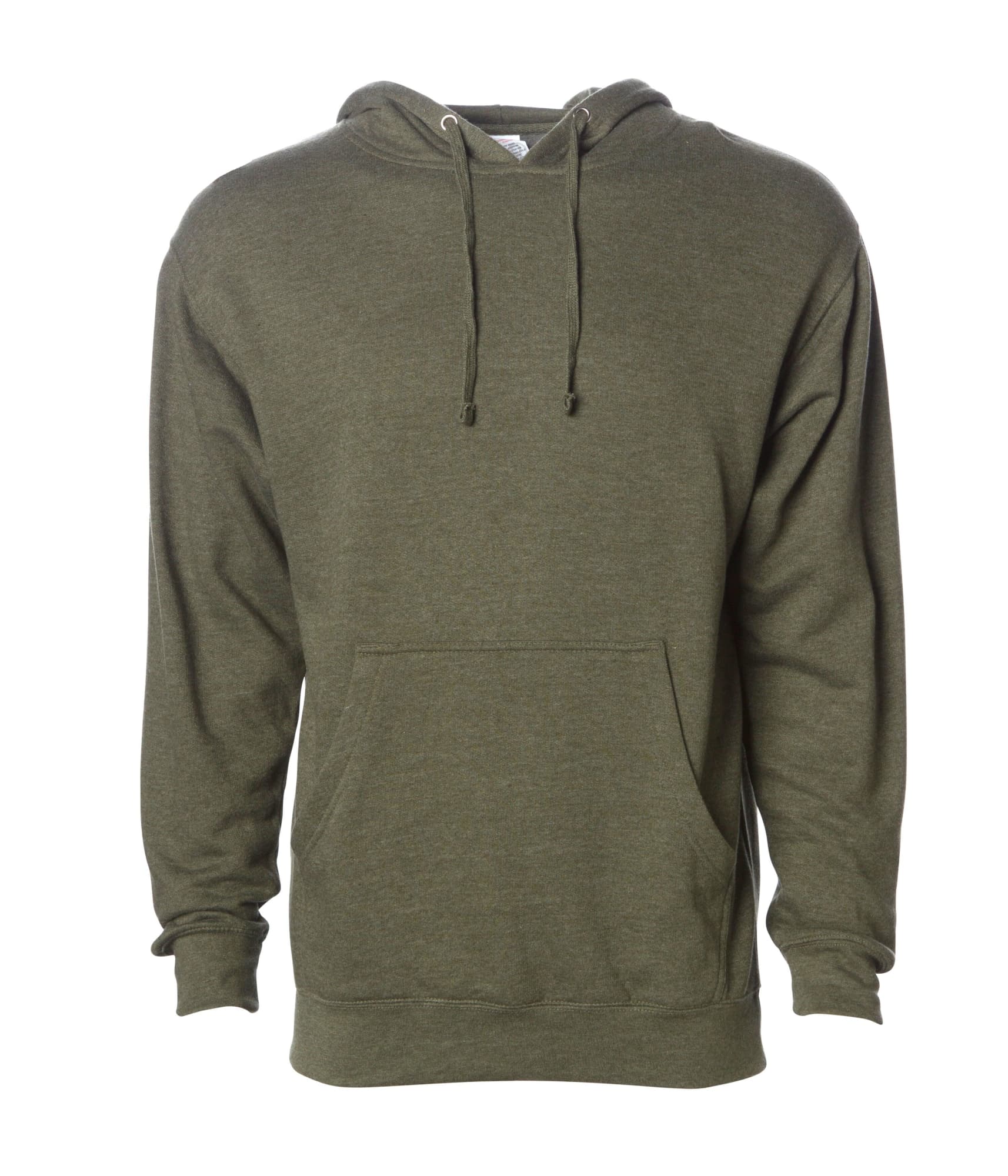 A midweight pullover hood in olive green featuring a front pouch pocket and drawstring hood. It has a logo. Mens Midweight Pullover Hood - Image 1