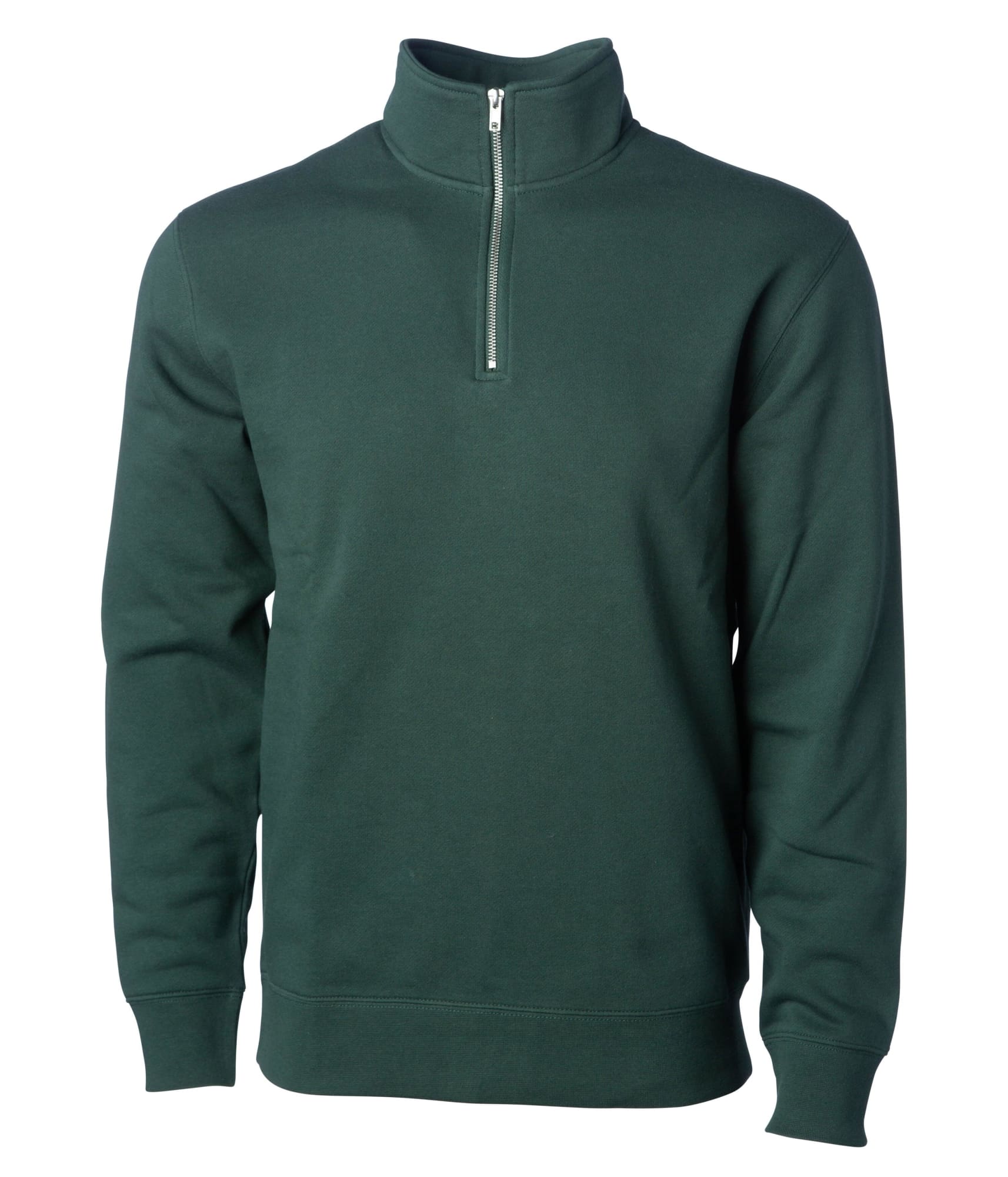A men's midweight quarter zip in dark green, featuring a high collar and long sleeves. It has a logo on the chest. Mens Midweight Quarter Zip - Image 1