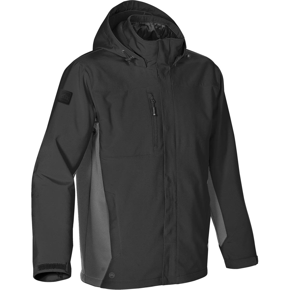 A black men's 3-in-1 jacket featuring a hood, zippered front pocket, and a logo on the sleeve. Men's Atmosphere 3-in-1 - Image 1