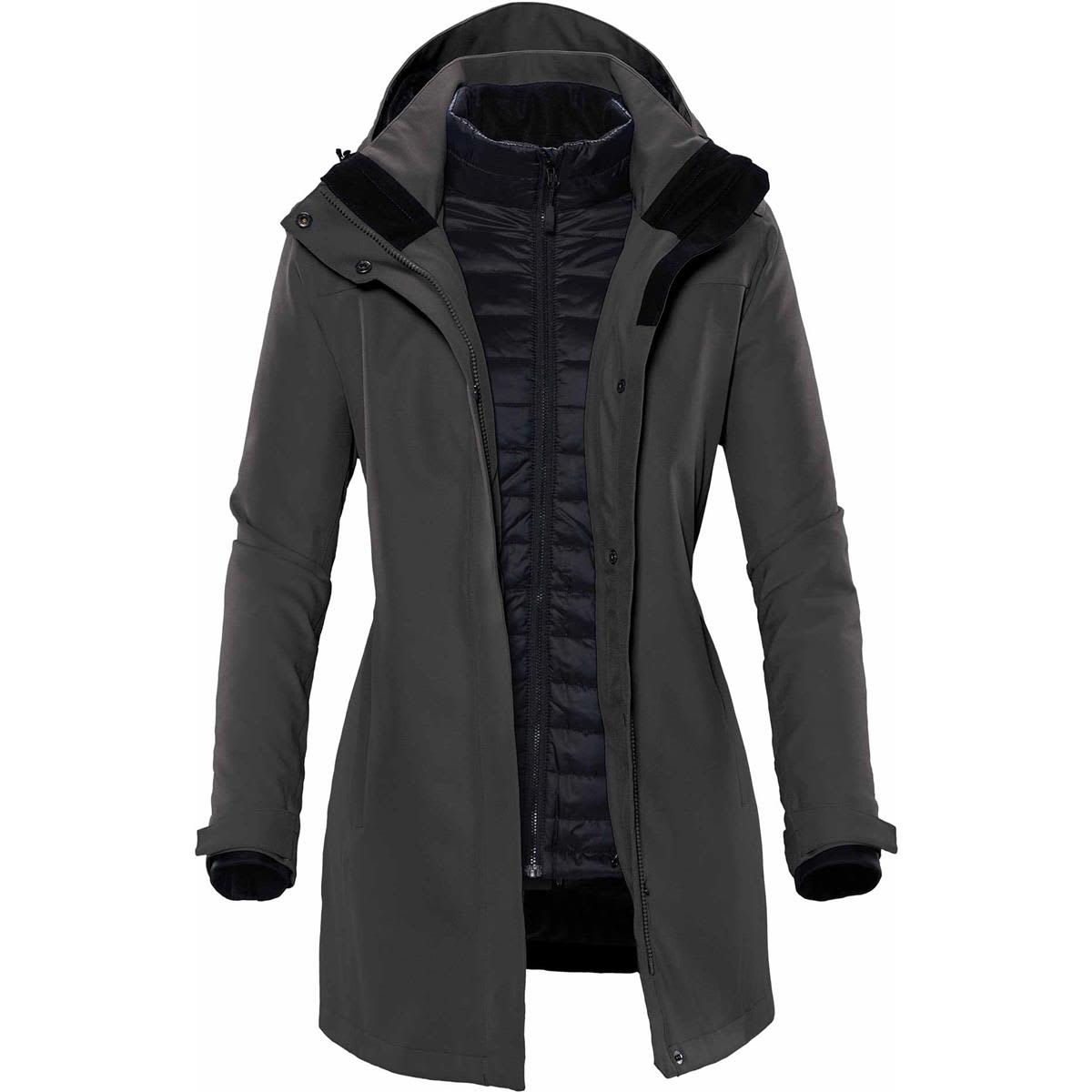 A women's jacket in dark grey with a removable inner layer and a hood, featuring a logo on the chest. Women's Avalante System Jacket - Image 1