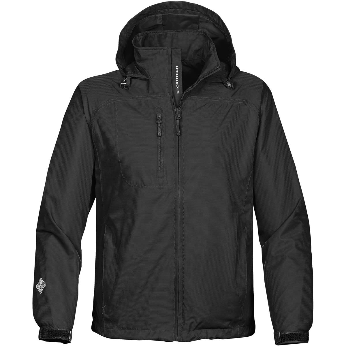 A black lightweight rain jacket featuring a hood and zippered pockets, with a logo on the sleeve. Mens Stratus Lightweight Shell - Image 1