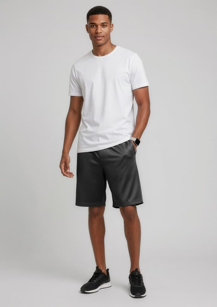 A model wearing black sports shorts and a plain white t-shirt, standing against a neutral background. Mens BIZ COOL™ Short - Image 1
