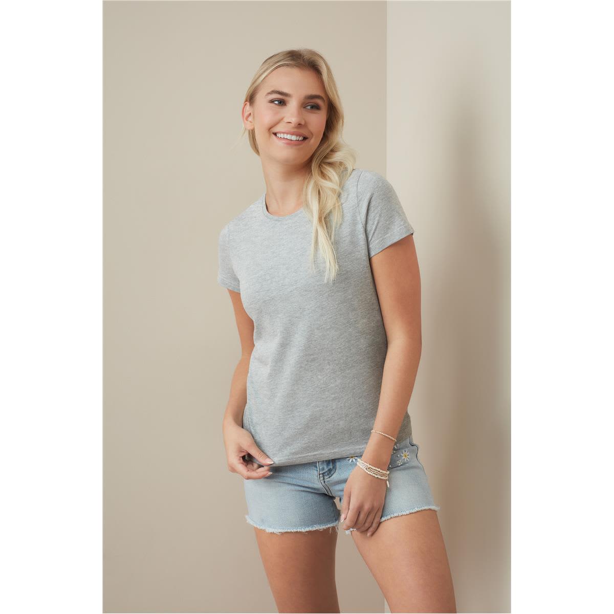 A grey women's crew neck t-shirt displayed on a model, featuring a casual fit and short sleeves. Women's Classic-T Organic Crew Neck - Image 1