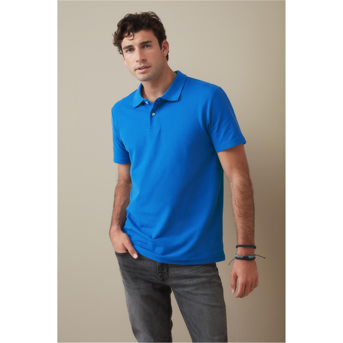 A blue heavyweight polo shirt for men, displayed on a model against a neutral background. The shirt features a logo. Men's Heavyweight Polo - Image 1