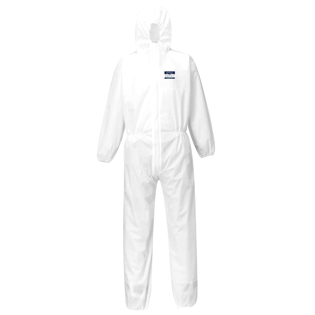 A white coverall suit with a hood, featuring an emblem on the chest, suitable for safety wear. BizTex SMS Coverall Type 5/6 (PK50) - Image 1