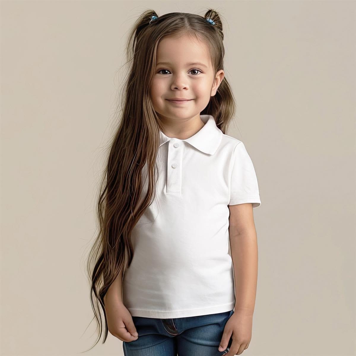 A child wearing a plain white polo shirt, with long hair styled in pigtails, standing against a neutral background. Junior Heavyweight Polo - Image 1