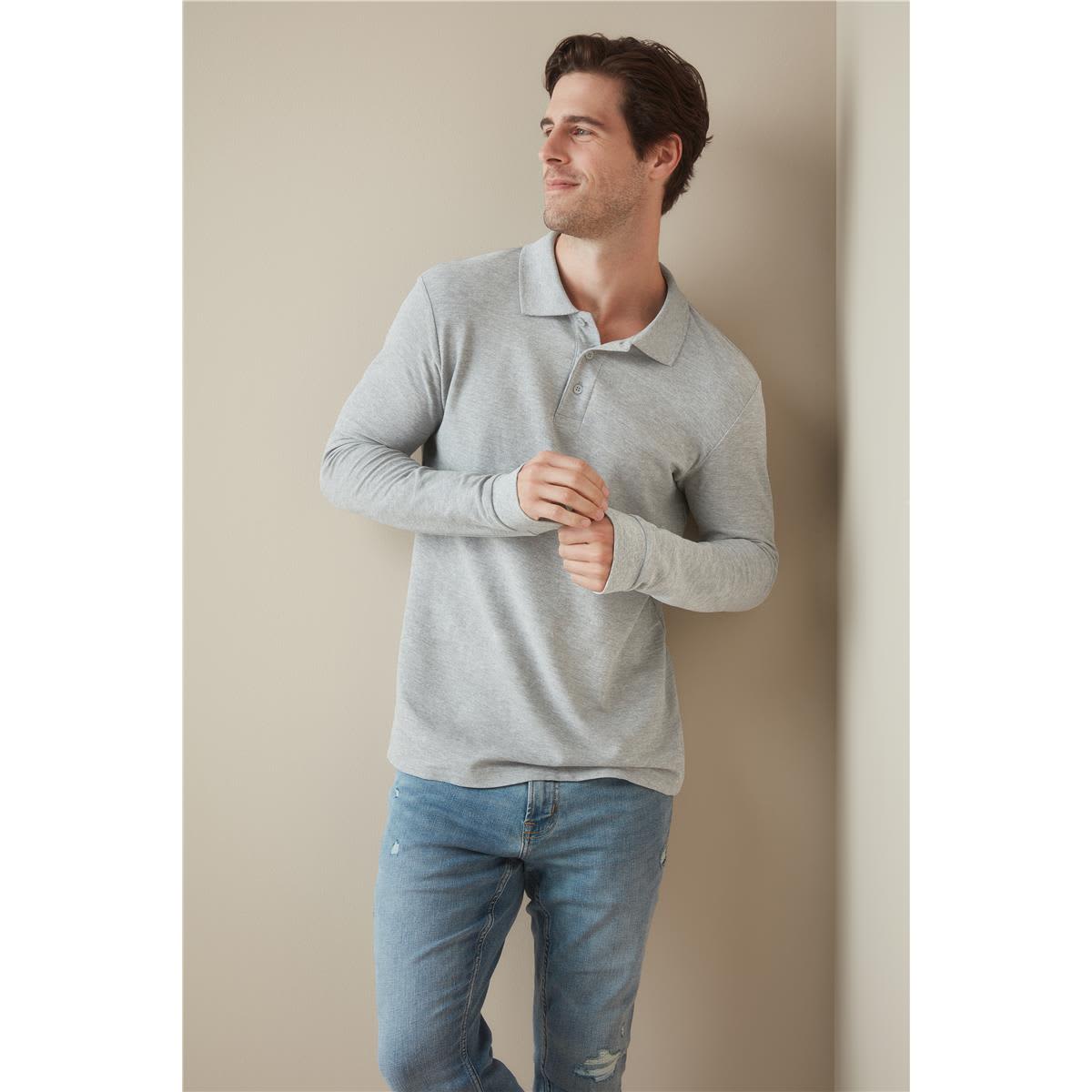 A long-sleeve grey polo shirt displayed on a model against a neutral background. The model is wearing casual jeans. Men's Polo Long Sleeve - Image 1