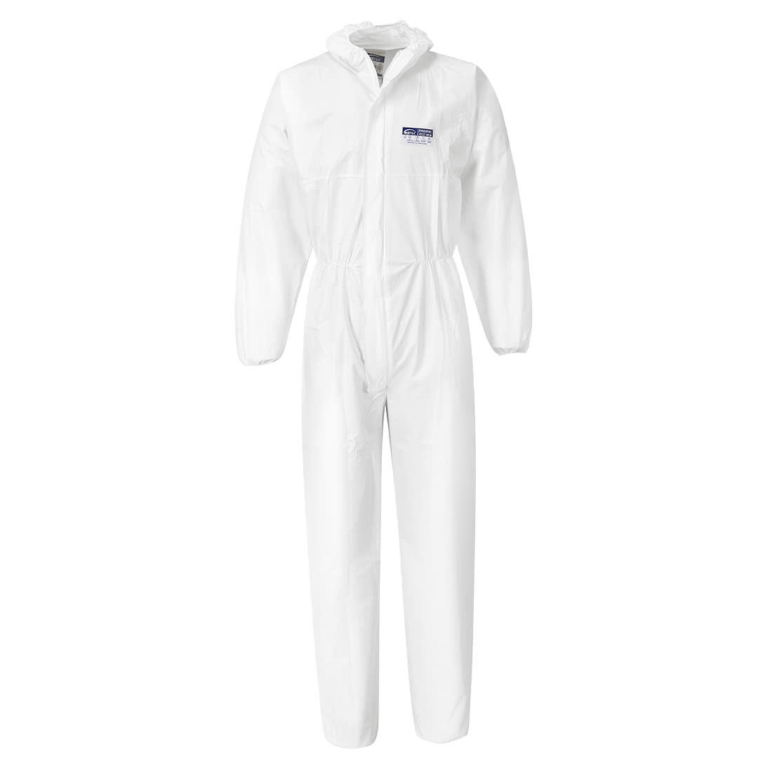 A white coverall made from PP/PE material, featuring a zip front and elastic cuffs, packaged in a set of 50. BizTex Microporous Coverall Type 5/6 (PK50) - Image 1