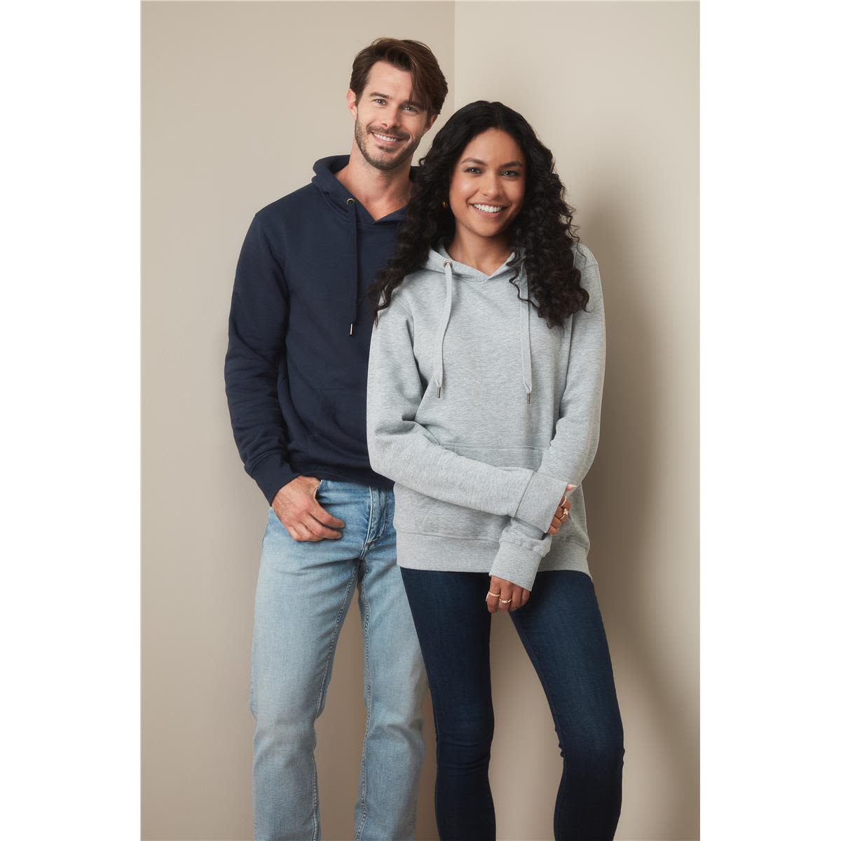A navy and a grey men's active sweat hoody, worn by a man and a woman, both featuring a hood and front pockets. Men's Active Sweat Hoody - Image 1