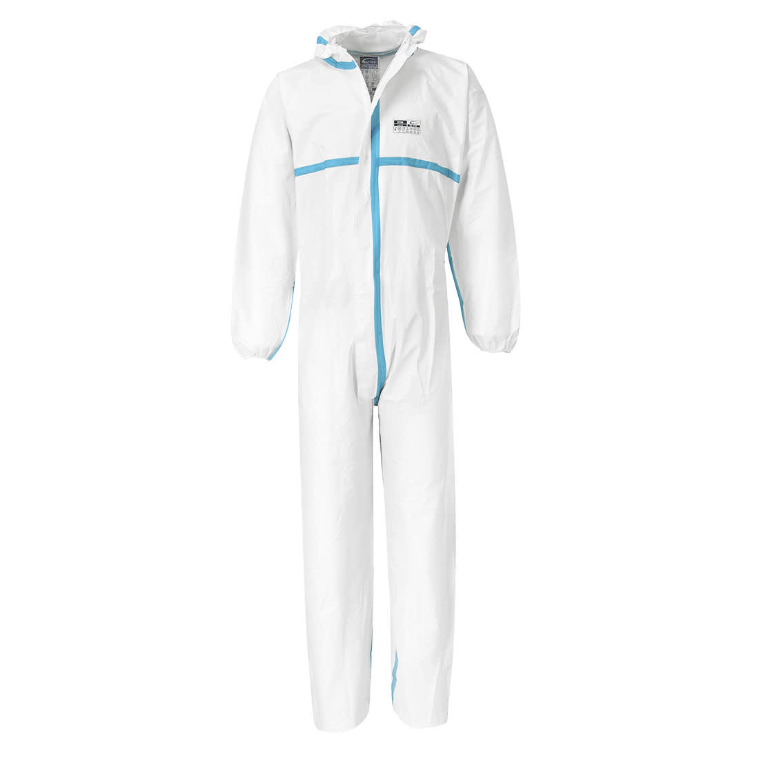 A white coverall with blue accents, featuring a hood and elastic cuffs, part of a pack of 50. It has a logo. BizTex Microporous Coverall Type 4/5/6 - Image 1