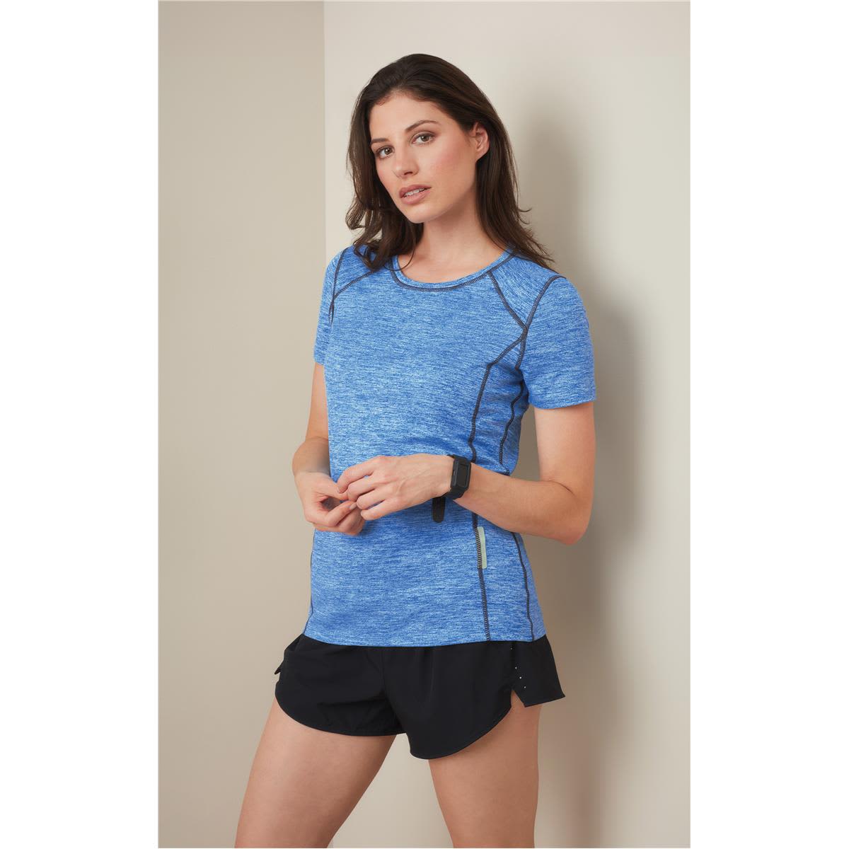 A blue recycled sports T-shirt with black accents, featured on a model, paired with black shorts. Women's Recycled Sports-T Reflect - Image 1
