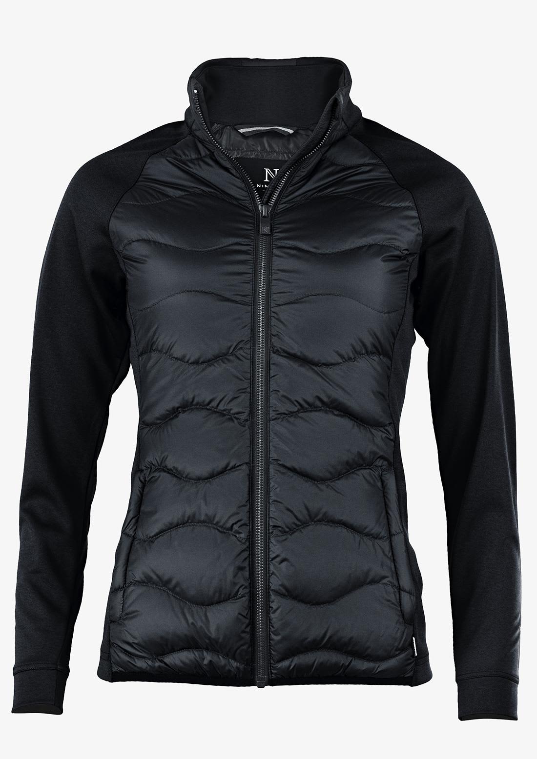 A black puffer jacket with a zip, featuring long sleeves and a logo on the side. Stillwater Women Jacket - Image 1