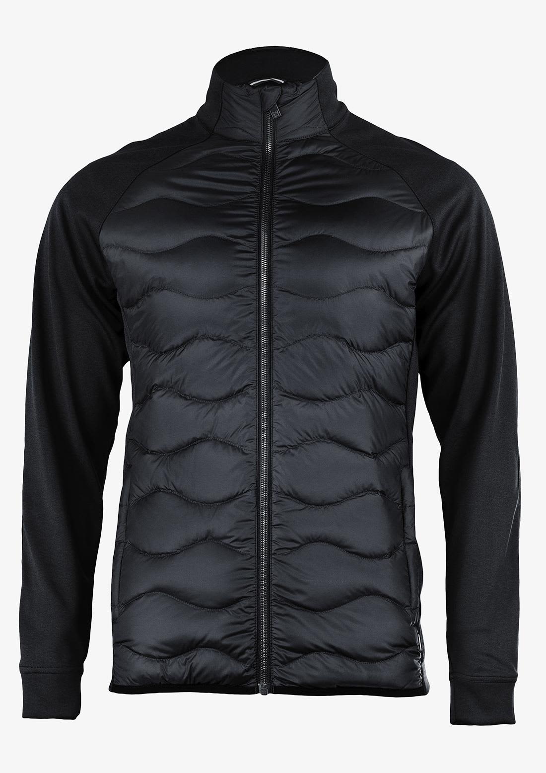 A black puffer jacket with a smooth front panel and long sleeves, featuring a zip closure and a logo on the chest. Stillwater Men Jacket - Image 1