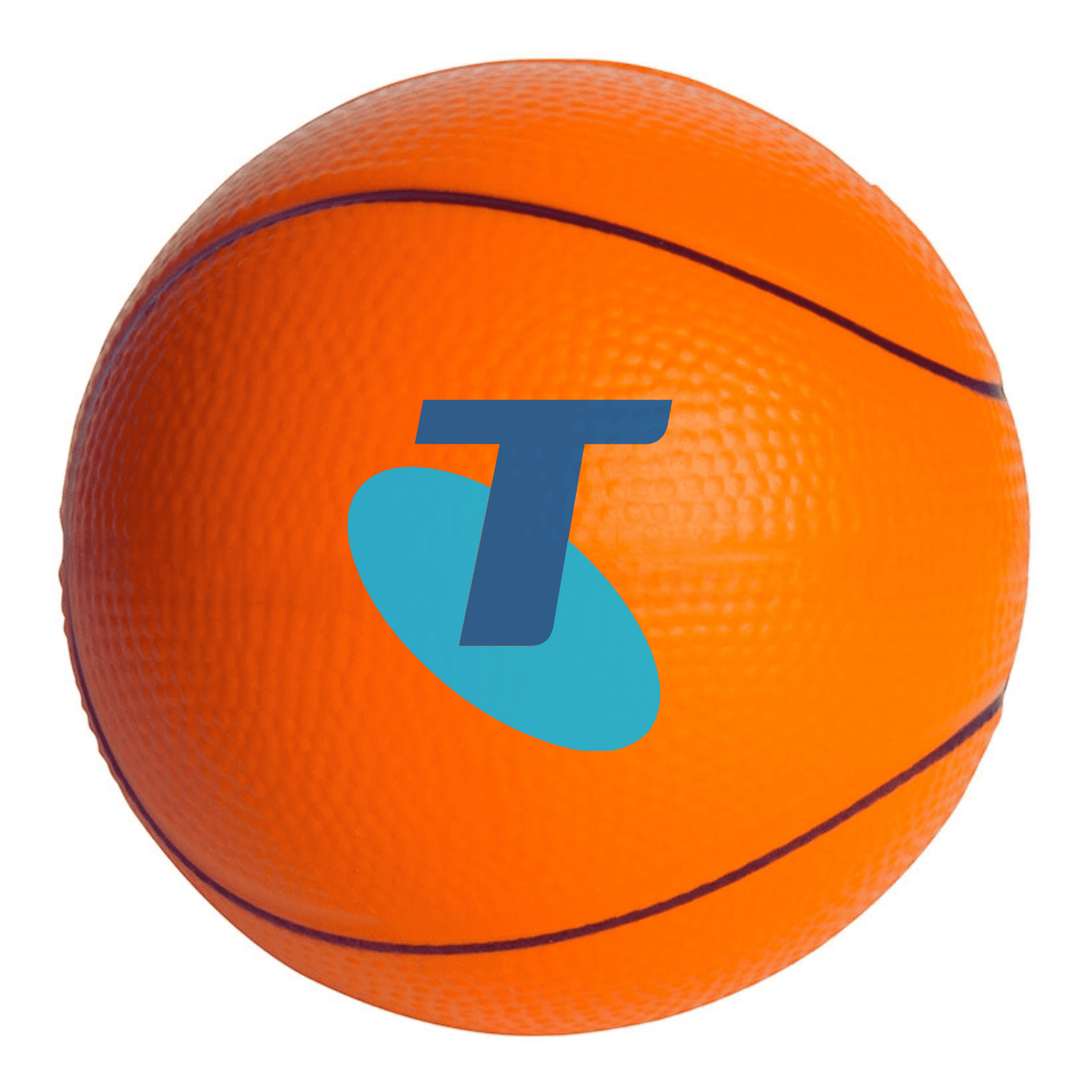 An orange stress ball shaped like a basketball, featuring a logo on its surface. Basketball Stress Shape - Image 1