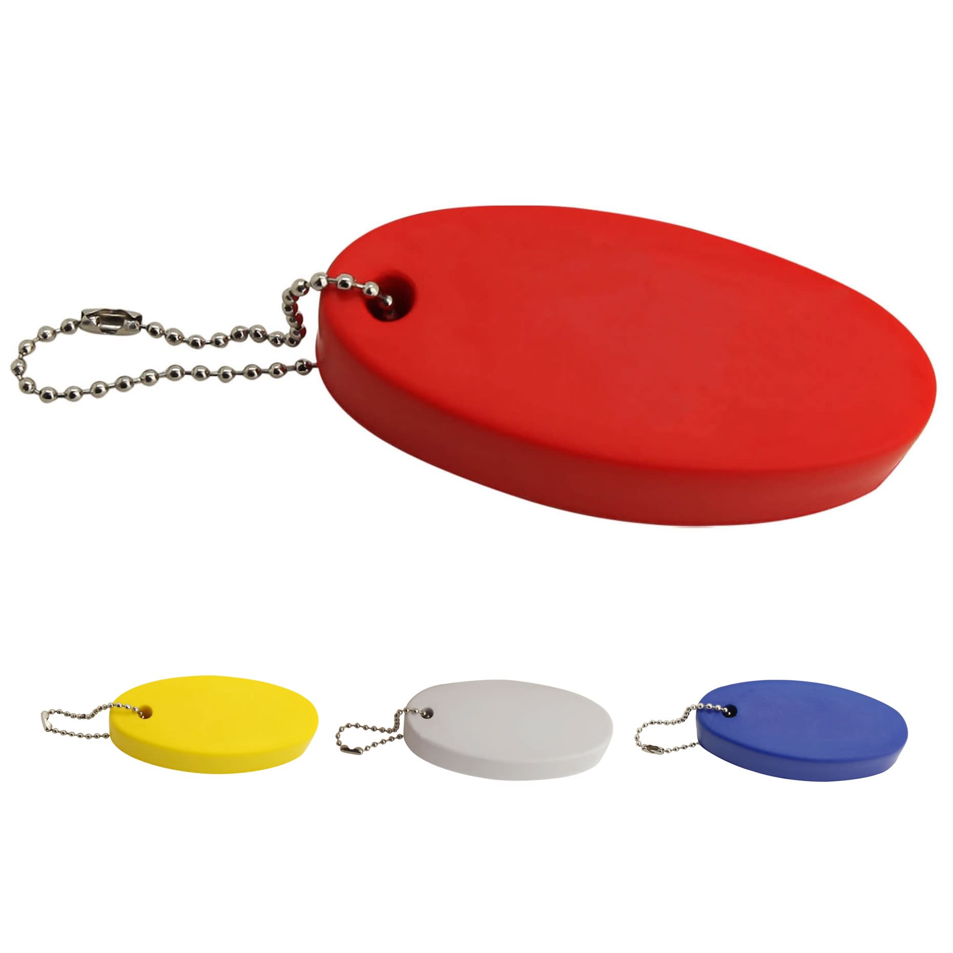 An oval stress shape keyring in red, with options in yellow, white, and blue, attached to a ball chain. Oval Stress Shape Keyring - Image 1