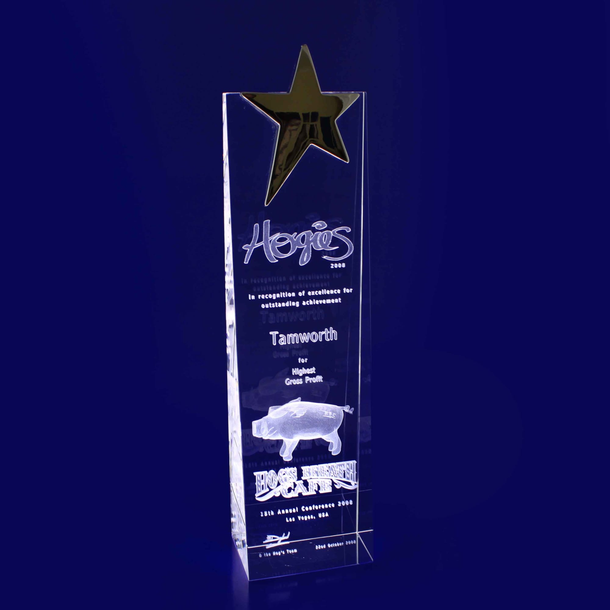 A clear crystal trophy in the shape of a star wedge, featuring an engraved design and a small logo. 3D Crystal Star Wedge (270mm) - Image 1