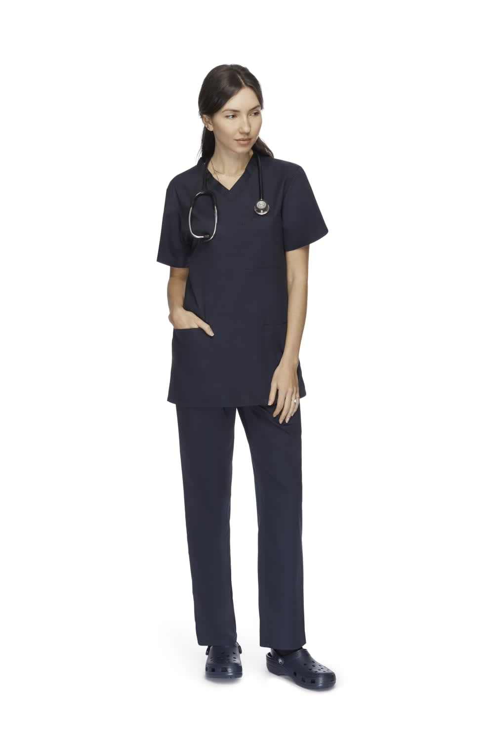 Unisex navy scrubs pants displayed on a model, paired with a matching top and stethoscope. Unisex Scrubs Pant - Image 1