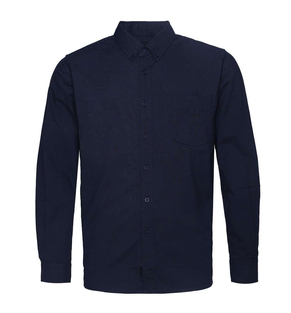 A navy button-down shirt with a collar and long sleeves, featuring a single pocket and a logo. Button Down Shirt - Image 1