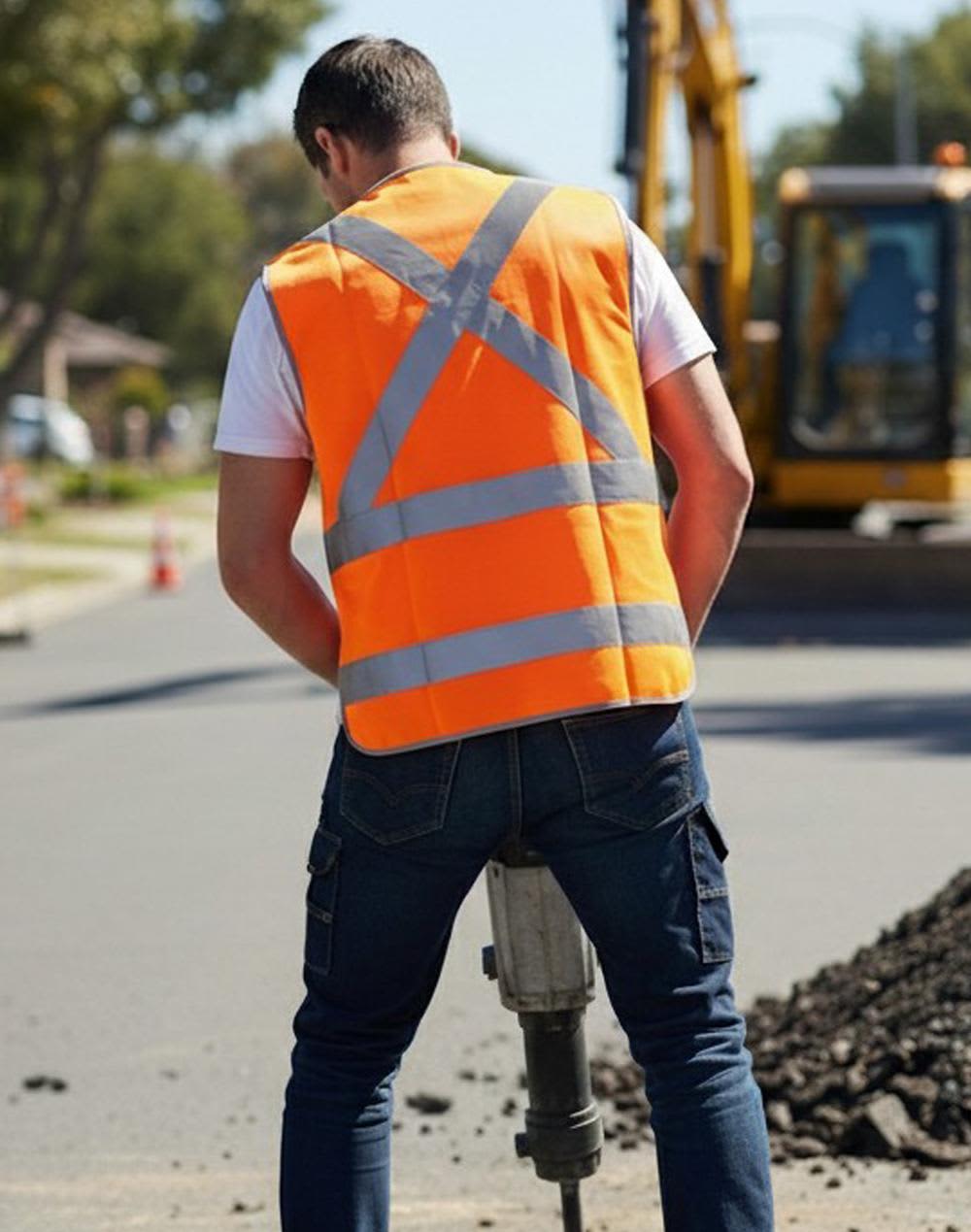 A safety vest in bright orange with reflective stripes, worn by a worker operating machinery on a construction site. Hi-Vis X Back Safety Vest with Tail - Image 1