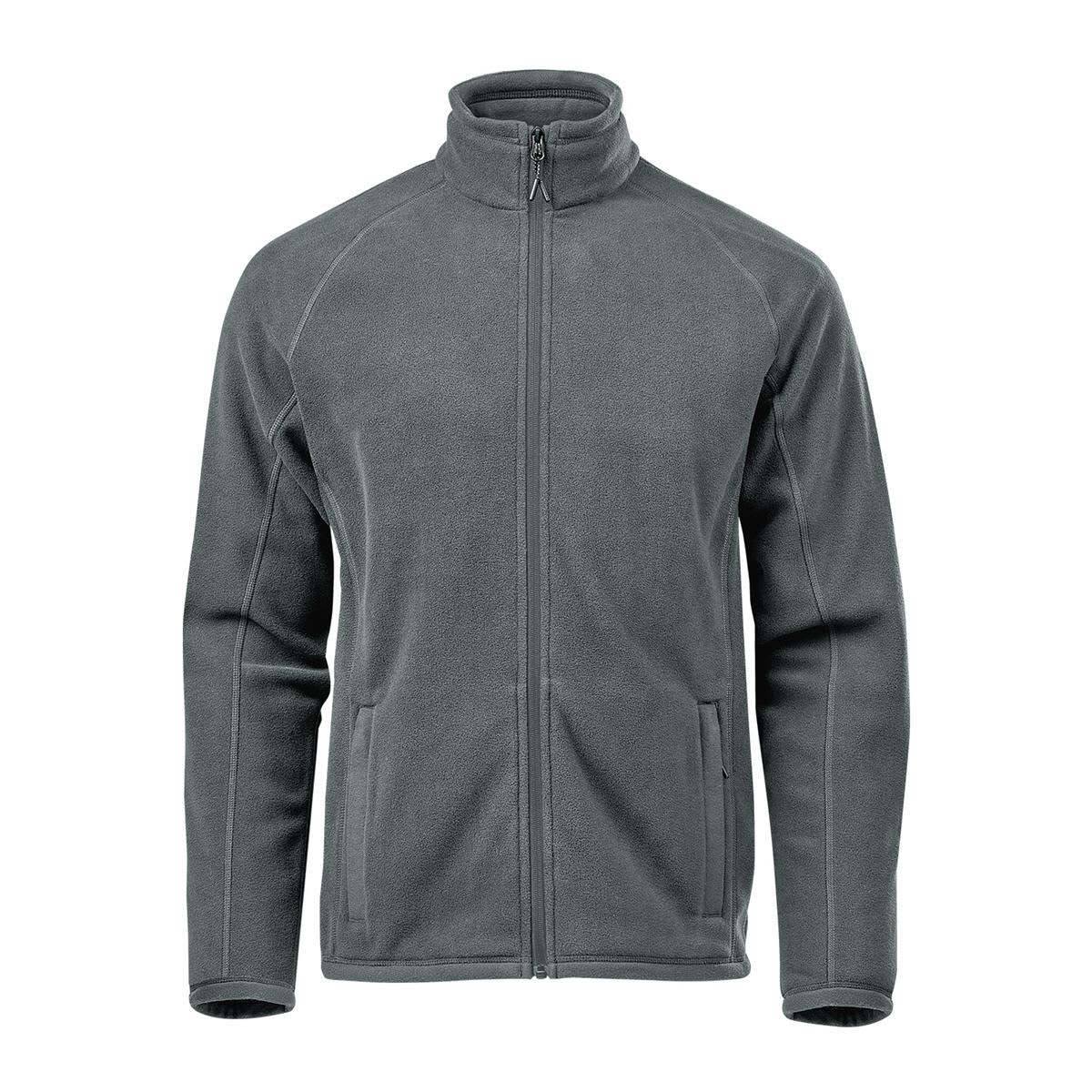 A men's fleece jacket in grey, featuring a high collar and zip front, with side pockets and branding. Men's Montauk Fleece Jacket - Image 1