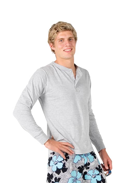 A light grey long-sleeved T-shirt with a buttoned neckline, worn by a model in patterned swim shorts. Men's Hanley L/S T-shirt - Image 1