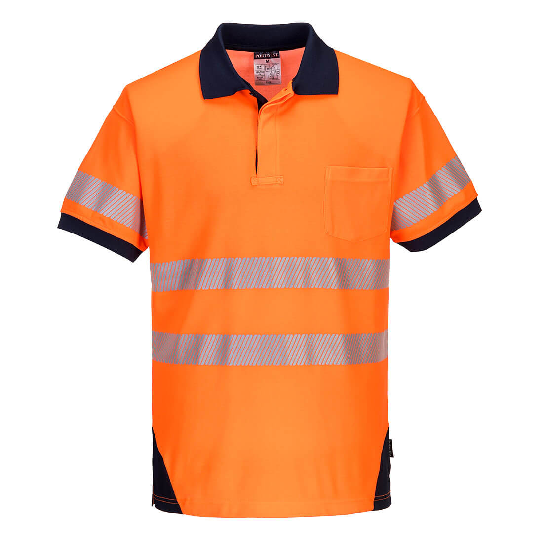 A bright orange polo shirt with navy blue accents and reflective strips, featuring a pocket and a logo. PW3 Hi-Vis Polo Shirt S/S - Image 1