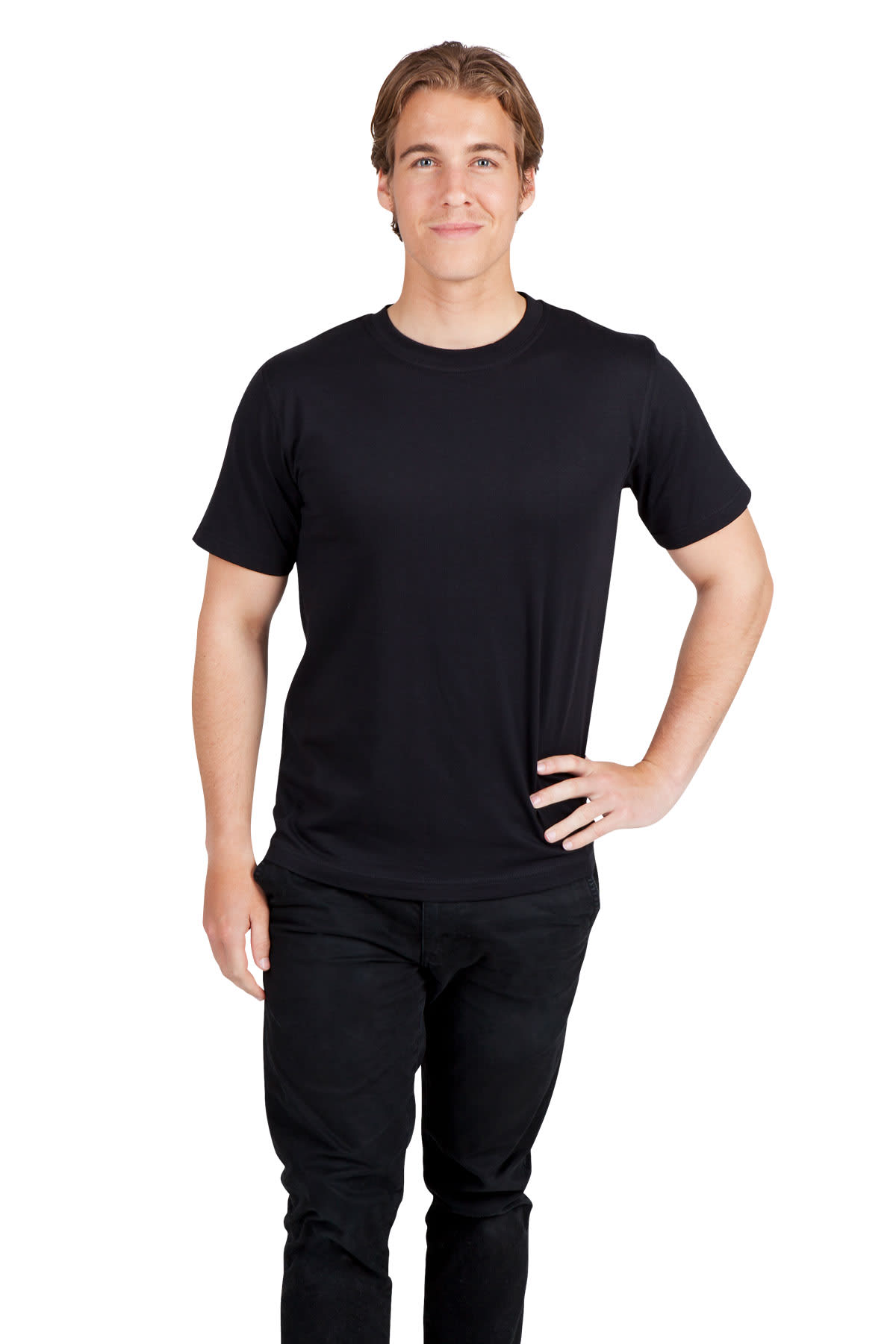 A black modern fit unisex t-shirt displayed on a male model standing with one hand on his hip. Men's / Unisex Modern Fit Tee - Image 1