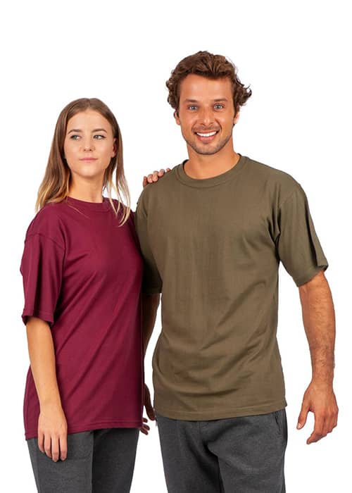 A unisex T-shirt in olive green worn by a man and a burgundy T-shirt worn by a woman, both with a logo. Men's / Unisex Regular T-shirt - Image 1