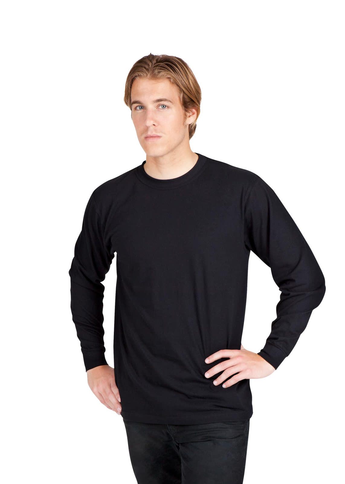 A unisex long sleeve T-shirt in black, featuring a crew neck and a fitted style. The model displays a casual pose. Men's / Unisex Long Sleeve T-shirt - Image 1
