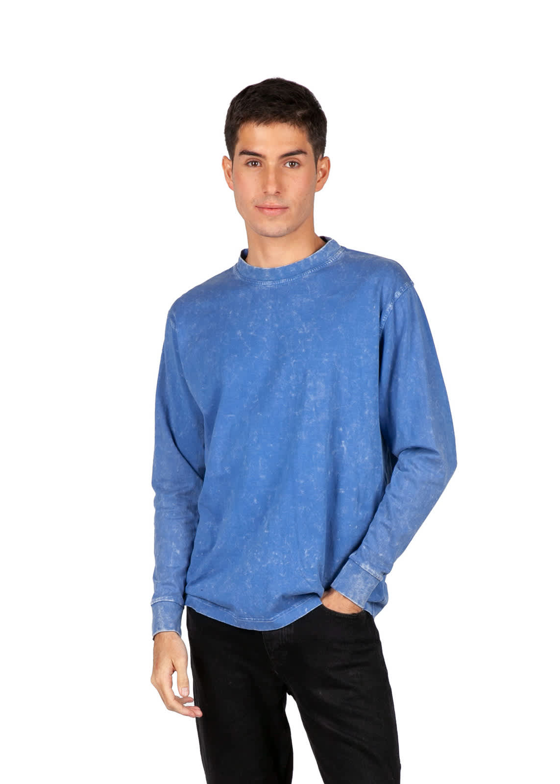 A men's unisex stone wash long sleeve T-shirt in blue, featuring a casual fit and a logo on the front. Men's / Unisex Stone Wash Long Sleeve T-shirt - Image 1
