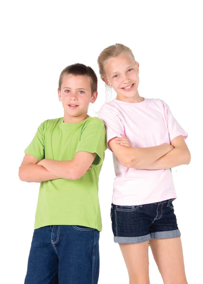 Two children stand side by side, one wearing a green T-shirt and the other in a pink T-shirt, both smiling. Kid's Regular T-shirt - Image 1