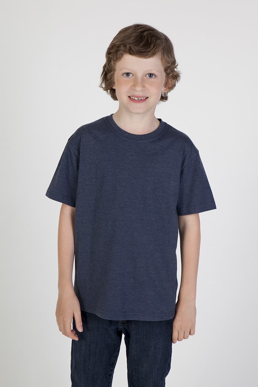 A crew neck T-shirt for kids in navy blue, displayed on a smiling child standing against a plain background. Kids Marl Crew Neck T-shirt - Image 1