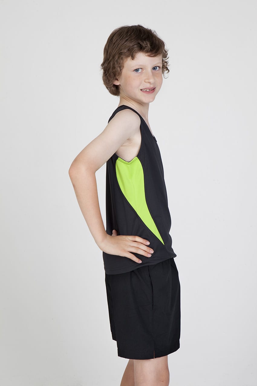 A child wearing a black singlet with green accents, paired with black shorts, posing against a plain background. Kids Accelerator Cool-Dry Singlet - Image 1
