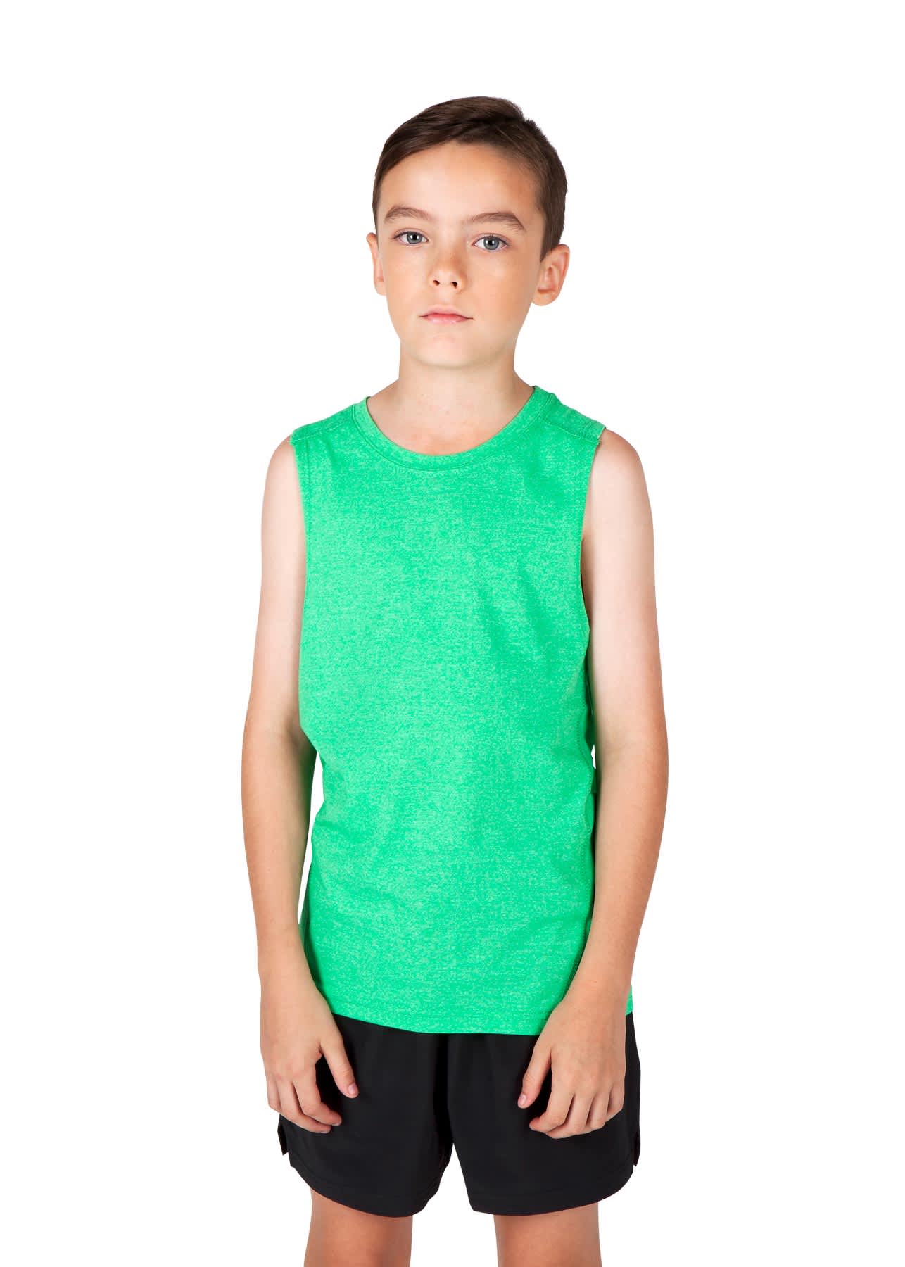 A green sleeveless tank top for kids, featuring a simple design and a logo. Paired with black shorts. Kid's Greatness healther Tank - Image 1