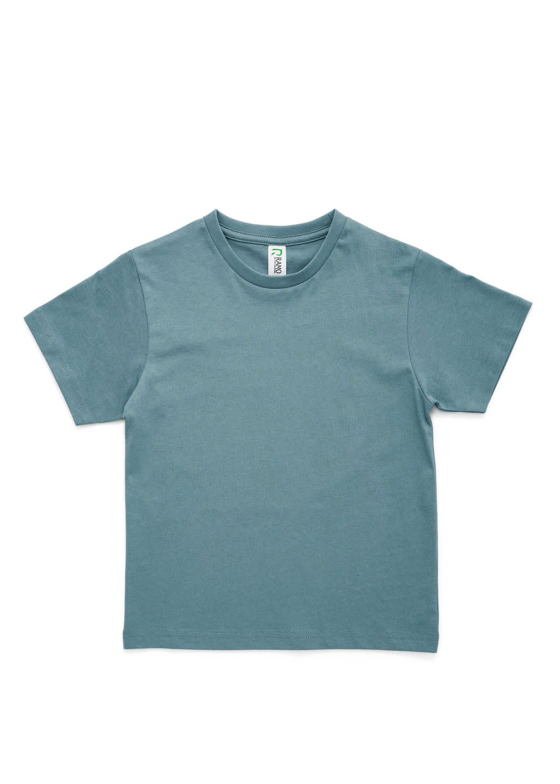 A teal kids' T-shirt with short sleeves and a round neckline, featuring a label inside. Kids' Earth Care Tees - Image 1